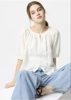 UNIQLO リネンブレンドボリュームスリーブブラウス オフホワイト　L