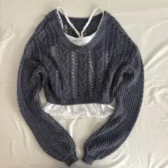 フェアリーグランジ グレー 透かし編み クロップドニット 春夏 森ガール F