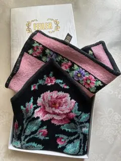 FEILER フェイラー ハンカチ　タオルハンカチ2枚セット花柄　定番　黒　箱付