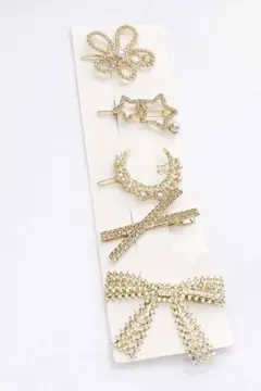 ヘアピン5個セット ラインストーン＆パール 上品ゴールド
