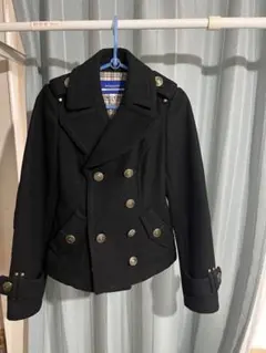 バーバリーブルーレーベル　ウールピーコート　ノバチェック　ナポレオン　ダブル　黒