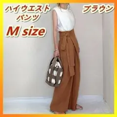 ハイウエスト ガウチョパンツ リボン Ｍ ブラウン レディース 韓国 春 夏 秋