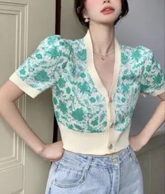 ZARA ジャカード花柄ニット半袖カーディガン