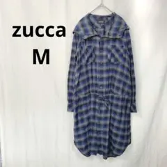 ズッカ▶シャツワンピース M 青白チェック フード付 春秋