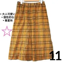 【限定セール✨】オレンジ系　可愛いスカート　膝丈　チェック柄　古着女子　Lサイズ