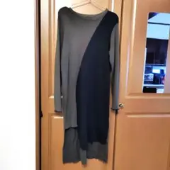 アシメ　切り替え　着痩せ　 カーキ　ブラック　ニットロングワンピース