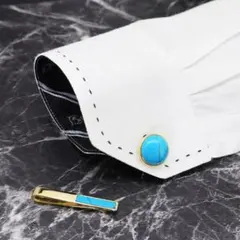 天然石ターコイズカフスボタン&ネクタイピンセット