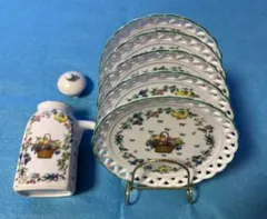 陶器製花柄小皿セット 5枚とスタンド