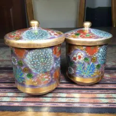 『メルうー特価』　九谷焼　秀山　金彩小花　夫婦湯呑み　紫