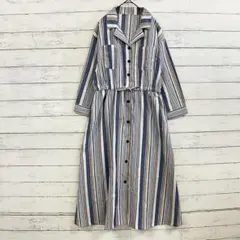 ストライプ シャツワンピース M ロング丈 ウエストリボン レディース 白色