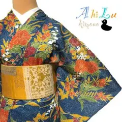 【i10147】洗える着物 小紋 袷 化繊 紺 黄土色 オレンジ 緑 送料無料