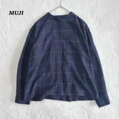 MUJI 無印良品　ノーカラー　シャツ　ブラウス　チェック　コットン100 綿
