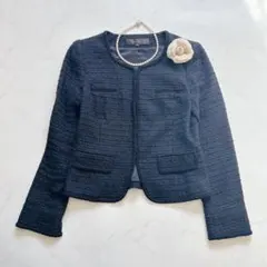 美品 リフレクト ノーカラージャケット ツィード フォーマル 7号 S 濃紺