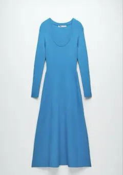 ZARA青いニットロングワンピース 長袖