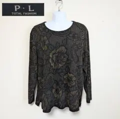 P.L 花柄ニット 長袖 トップス カットソー レディース 肩パッド 丸首