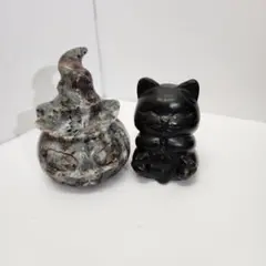 天然石 置物 ハロウィン パンプキン 猫 2点セット