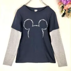 良品★ディズニー　ミッキーシルエット　長袖Tシャツ　レイヤード風　M