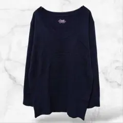 長袖ニットVネックセーターネイビー シンプル(L)ウール混 日本製 秋冬春 上