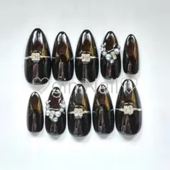 ネイルチップ　現品　スキニーオーバル　ブラック　リングネイル　ミラーネイル