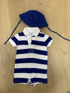 【美品】Ralph Lauren ストライプロンパース 12M 帽子付き