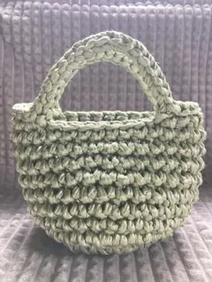 かごバッグ　ハンドメイド　手編み　くすみグリーン