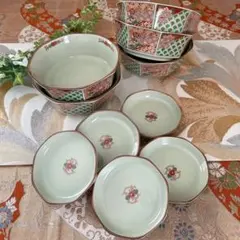 有田焼 仁祥窯 赤濃七宝 小皿付多用鉢揃 八角鉢 八角小皿 刺身鉢 醤油皿