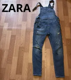 ZARA ザラ　ダメージ加工ダークブルーオーバーオール　ジーンズ