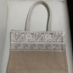 インド刺繍リボン　ジュートバッグ　A4 両面アレンジ　オフホワイト
