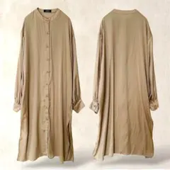 シュリーブ　長袖シャツワンピース　M　ベージュ系　ロング丈　Uネック　シンプル