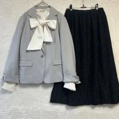 グリーンレーベルリラクシング　グレージャケット×レースプリーツスカート　L