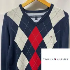 TOMMY HILFIGER アーガイル柄 Vネックニット ネイビー M