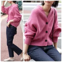 アダムエロペ ラムコクーンカーディガン ショート丈 ウール 長袖 F ピンク