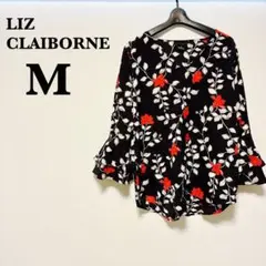 LIZ CLAIBORNE 【Mサイズ】花柄 Vネック長袖シャツ ブラック