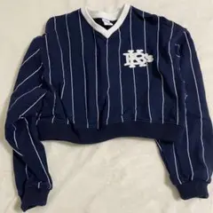 Keboz ネイビー ストライプ クロップドトレーナー