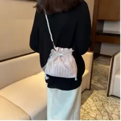 パーティーバッグ ピンク リボン付き パール