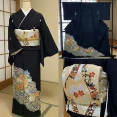 極美品　黒留袖フルセット　袋帯　 ５点セット　結婚式　比翼仕立て　花草文様　金彩
