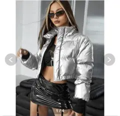 【美品】shein シルバー クロップドダウンジャケット Lサイズ