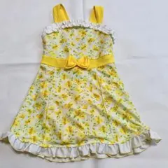 130cm 花柄ワンピース水着 女の子 黄色 フリル リボン キッズ