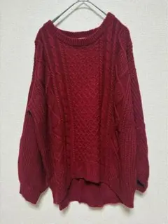 長袖ニットセーター M ケーブル編み ワインレッド シンプル おしゃれ