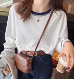 トップス Tシャツ ホワイト L 長袖 シャツ カットソー ロンT ワッフル