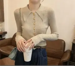 リブ編み ベージュ 長袖