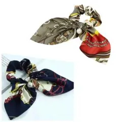 大判スカーフ柄 パール付 リボンスカーフシュシュ 2点セット ③