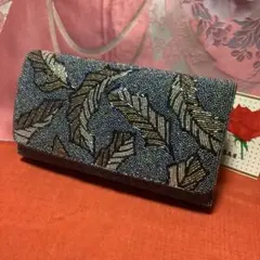 ビンテージ葉模様 ビーズクラッチバッグ