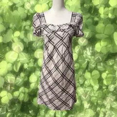 森ガール フェアリーグランジ チェック柄 胸元リボン半袖ミニワンピース