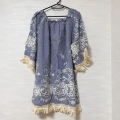 VELZERA 【3XL】ストライプ花柄刺繍ワンピース ブルー ホワイト