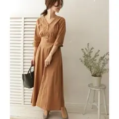 O1102アーバンリサーチロングシャツワンピース長袖ブラウン無地コットン綿フレア