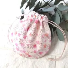 《 小サイズ 》 和柄 ・ 桜 の 巾着 ポーチ ・ 白　＃n1168