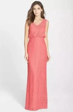 【新品】アドリアナパペル US12 美しいコーラルピンクのロングレースドレス