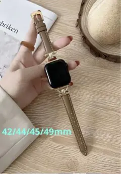 AppleWatchバンド 合皮 42/44/45/49mm ブラウン+ゴールド
