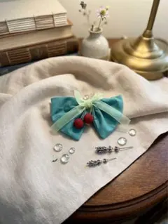 ハンドメイド ヘアクリップ リボン チェリー